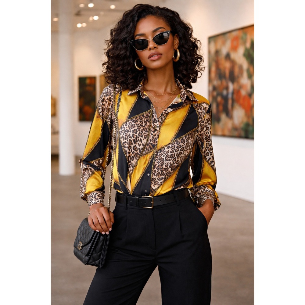Unbranded Abstract Leopard Print Blouse Yellow Black M Eclectic Artsy Mob‎ Wife